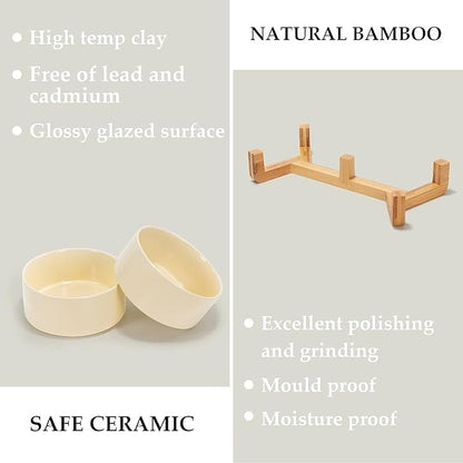 SPUNKYJUNKY Ceramic Dog and Cat Bowl Set with Wooden Stand, Modern Cute Weighted Food Water Set for Small Size Dogs (13.5OZ) & Medium Sized Dogs (28.7OZ) & Cats (3.6 Cups, 2 × Beige)