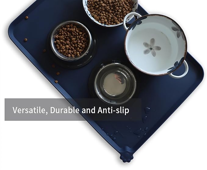 Hoki Found Large Silicone Pet Food Mats Tray Navy,24'' x 16''.