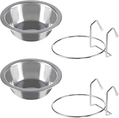 Set of 2 Stainless-Steel Dog Bowls - Cage, Kennel, and Crate Hanging Pet Bowls for Food and Water - 20oz Each and Dishwasher Safe by PETMAKER,Silver