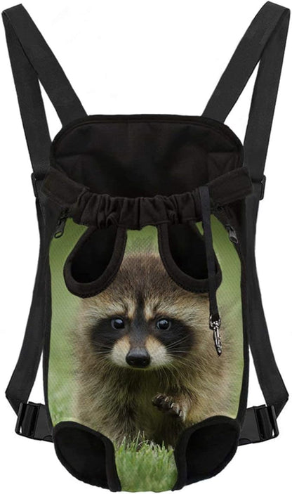 Metal Zipper Closure Puppy Supporter Harness Pouch with Adjustable Chain, Women Men Pet Carrier Backpack, Raccoon Image Printed, Size L