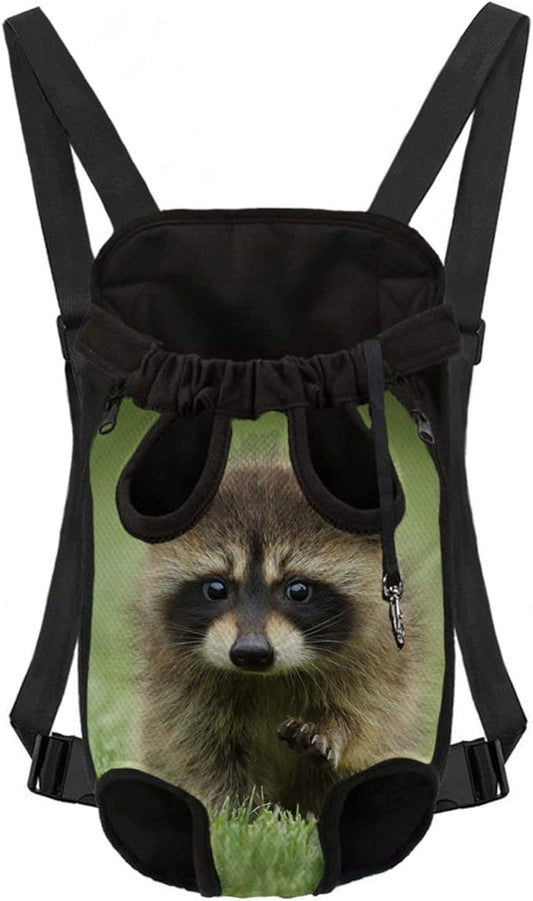 Metal Zipper Closure Puppy Supporter Harness Pouch with Adjustable Chain, Women Men Pet Carrier Backpack, Raccoon Image Printed, Size S