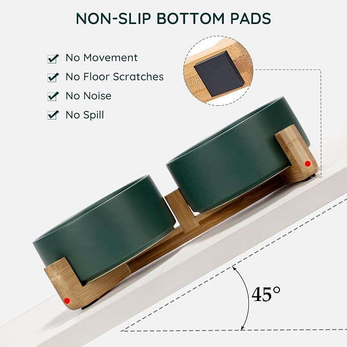 SPUNKYJUNKY Ceramic Dog and Cat Bowl Set with Wooden Stand, Modern Cute Weighted Food Water Set for Large Size Dogs (7.6 Cups, 2 × Green)