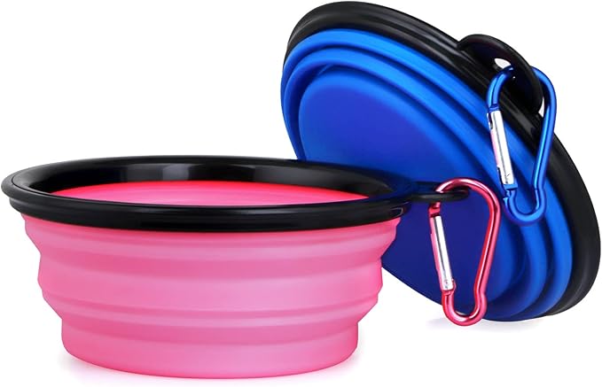 Dog Bowl Pet Collapsible Bowls, 2 Pack Collapsible Dog Water Bowls for Cats Dogs, Portable Pet Feeding Watering Dish for Walking Parking Traveling with 2 Carabiners (Small, Bule+Pink)