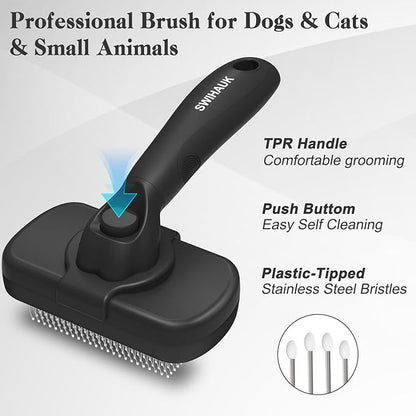 Swihauk Self Cleaning Slicker Brush for Dogs & Cats - Skin Friendly Deshedding and Grooming Brush for Haired Pets, Pet Supplies Accessory, Black