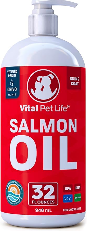 Salmon Oil for Dogs & Cats - Healthy Skin & Coat, Fish Oil, Omega 3 EPA DHA, Liquid Food Supplement for Pets, All Natural, Supports Joint & Bone Health, Natural Allergy & Inflammation Defense, 32 oz