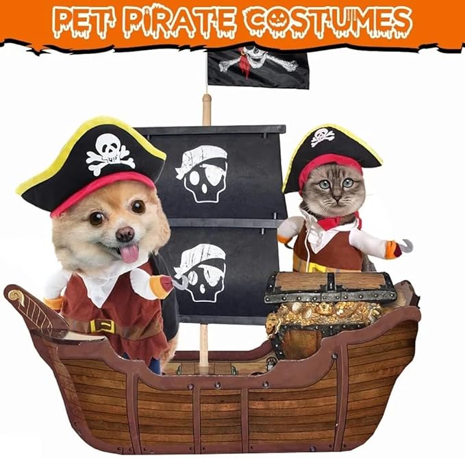 2Pcs Dog Pirate Costume Outfits Captain Hook Cat Clothes Funny Dog Caribbean Hat Halloween Party Costumes Cosplay for Pet Small Medium Puppy Chihuahua Yorkie Corgi (Large)