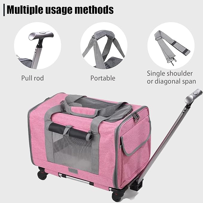 Cat Dog Carrier with Detachable Wheels Airline Approved,Telescopic Handle and Shoulder Strap Pet Travel Rolling Carrier