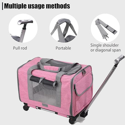 Cat Dog Carrier with Detachable Wheels Airline Approved,Telescopic Handle and Shoulder Strap Pet Travel Rolling Carrier