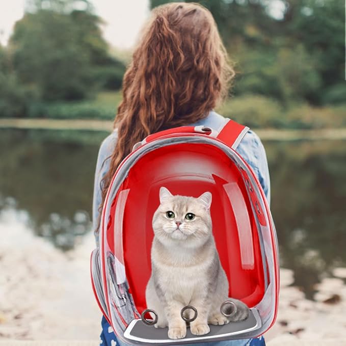 Pet Backpack Carrier with Harness Backpack with Bubble Clear Front for Cats, Small Dogs, Bunnies etc with Harness Included, Pet Carrier for Traveling, Walking, Hiking and Outdoor Activities (Red-1)