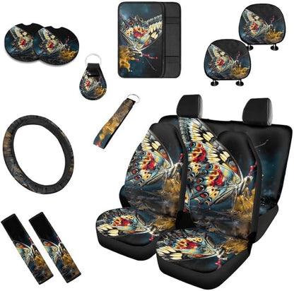 3D Splashing Butterfly 13 PCS Car Seat Cover Artistic Morpho Full Set Front Back Seat Covers Butterflies Art Steering Wheel Cover