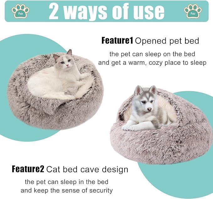 Calming Pet Bed for Small Dog Cat with Hooded Cover Round Beds for Small Medium Pets Anti-Slip Faux Fluff Coved Bed for Improved Sleep (grey 19.6 * 19.6 in)