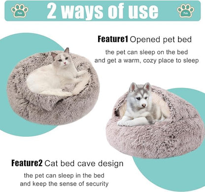 Calming Pet Bed for Small Dog Cat with Hooded Cover Round Beds for Small Medium Pets Anti-Slip Faux Fluff Coved Bed for Improved Sleep (grey 19.6 * 19.6 in)