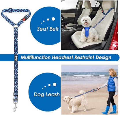 Lukovee Dog Seatbelt Leash for Cars, 2 Pack Pet Safety Car Seat Belt with Adjustable Buckle & Reflective Bungee, Connect Dog Harness in Vehicle Car Dogs Restraint Travel Daily Use (Blue Paw)