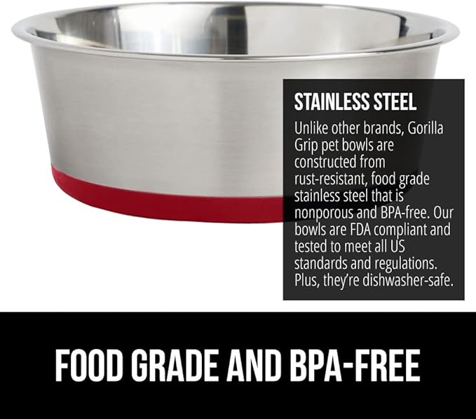 Gorilla Grip Stainless Steel Metal Dog Bowl Set of 2, Rubber Base, Heavy Duty Feeding Dishes, Food Grade BPA Free, Less Sliding, Quiet Pet Bowls for Cats and Dogs, Holds 2 Cups (16 fl oz), Red