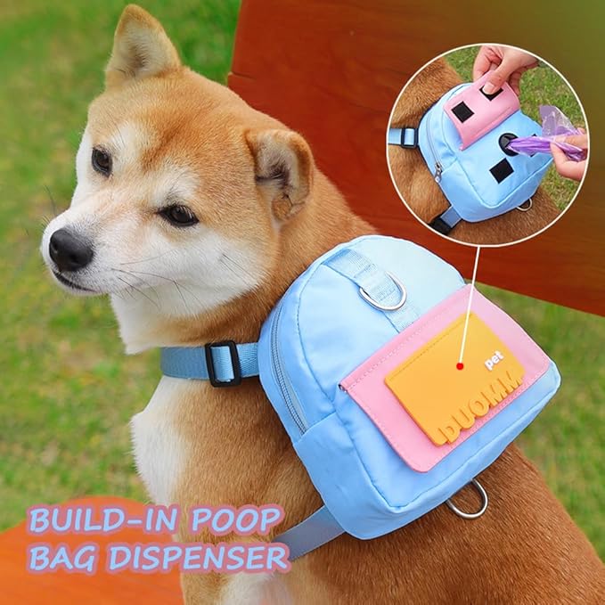 Dog Backpack Harness with Leash,Cute Pet Puppy Backpacks Bulid-in Dog Poop Bag Dispenser,Adjustable Pets Self Carrier Bag for Small Medium Dogs Travel Hiking Daily Walking