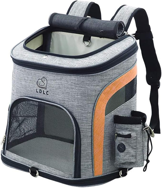 Pet Carrier Backpack for Small Cats and Dog,Breathable Mesh Puppies/Ventilated Design,Two-Sided Entry,Pet Bag for Hiking Travel Camping Outdoor Hold Pets (L, Grey and Orange)