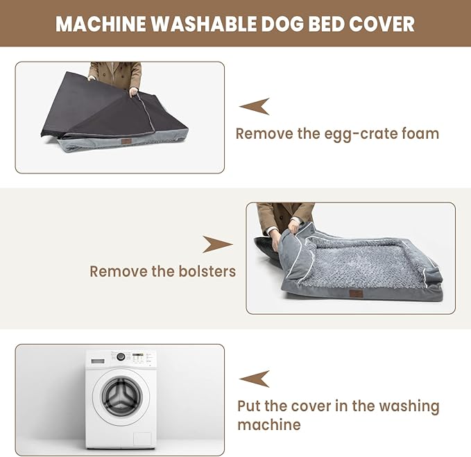 XXL Dog Bed, Brown Washable Dog Bed Sofa with Removable Cover, Waterproof Dog Bed Couch with Nonslip Bottom, High Bolster Dog Bed, Orthopedic Large Dog Bed up to 150 lbs