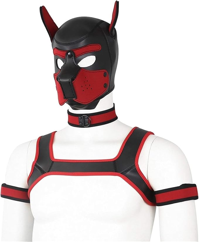 4 Sets Neoprene Puppy Hood Animal Head Mask Novelty Costume Dog (Hood Mask + Collar + Armband + Harness) (Large, Red)