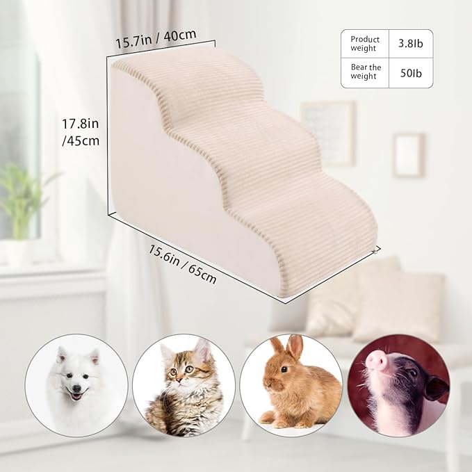 High Density Foam Dog Stairs Steps 17.8’’ Non-Slip 3-Tiers (Beige)