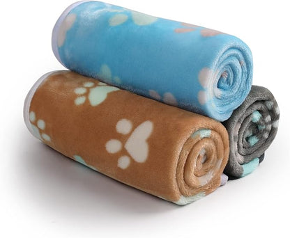 Luciphia 1 Pack 3 Blankets Fluffy Premium Fleece Pet Blanket Flannel Paw Printed Throw for Dog Cat(Medium 30x20'', Grey/Brown/Blue)