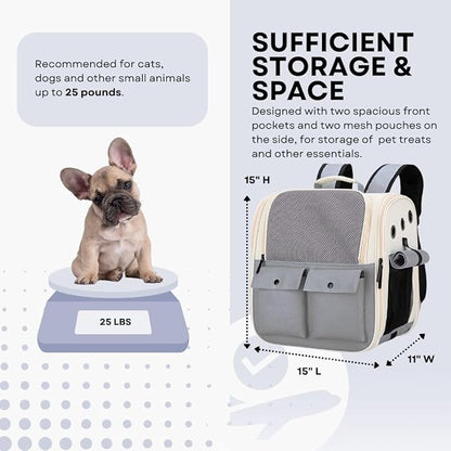 Portable Pet Carrier Backpack for Cats, Dogs and Small Animals Up to 25lbs l Ventilated Mesh Design l Airline-Approved l Ideal for Travel, Hiking, Camping (Grey)