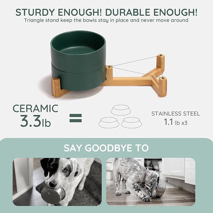 SPUNKYJUNKY Ceramic Dog and Cat Bowl with Wood Stand Non-Slip Matte Glaze Weighted Food Water Set for Cats &Small Dogs 13.5 OZ Green