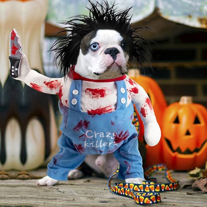 Deadly Dog Clothes Halloween Costumes for Dogs, Adjustable Cosplay Costume Funny Doll Wig Pug Dog Party Clothes Christmas Costume, with Blood Knife