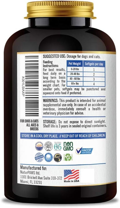 Omega 3 Fish Oil Supplement for Dogs and Cats - 1000 mg Pure DHA and EPA Omegas - Supports Healthy Coat and Skin, Heart, Immune System, Joints and Hip - 180 softgels