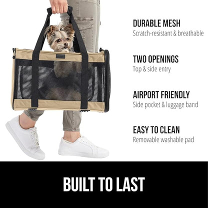 Gorilla Grip Airline Travel Cat Carrier Bag Up to 15 Lbs, Breathable Mesh Collapsible Pet Carriers for Small, Medium Cats, Small Dogs, Puppies, Portable Kennel with Soft Washable Waterproof Pad, Beige