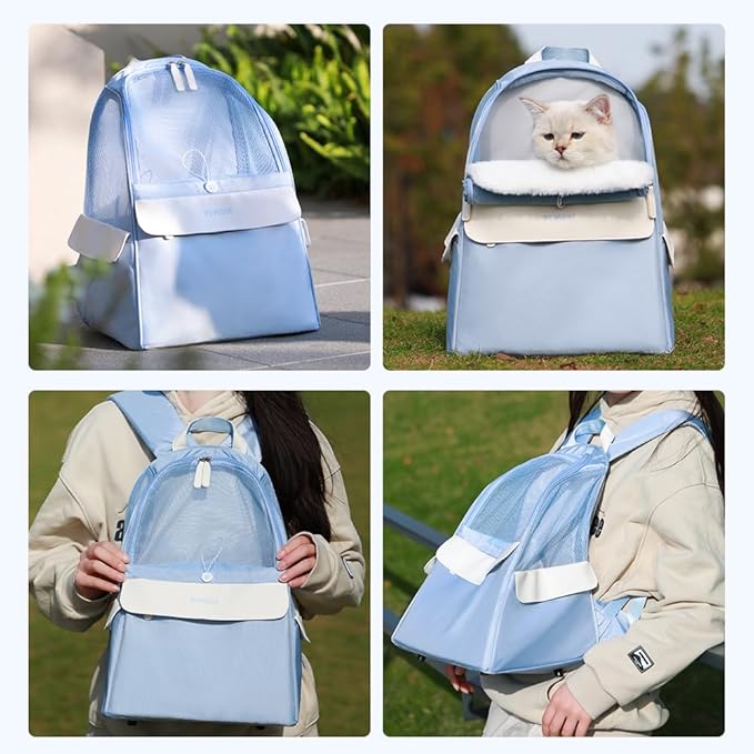 Cat Backpack Carrier Ultralight & Portability Cat Carrier for Dogs and Small Animals Daily Hiking, Outdoor Travel Pet Backpack （Kangaroo Bag） (Medium, Blue)