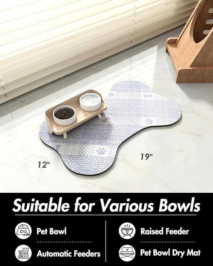 PADOOR- Dog Food Mat- Absorbent Pet Food Mat- Dog Bowl Mat Bone Shaped- Quick Dry Dog Feeding Mat 12"x19", Purple