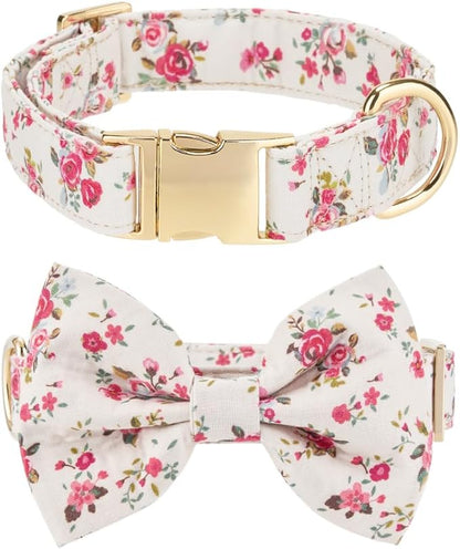 Adjustable Pet Bow Tie and Dog Collar for Small Medium Large Dogs, Puppy Collar with Bowtie, Cute Bow and Dog Collars - Comfortable, Soft, and Durable (Large, Rose Print)