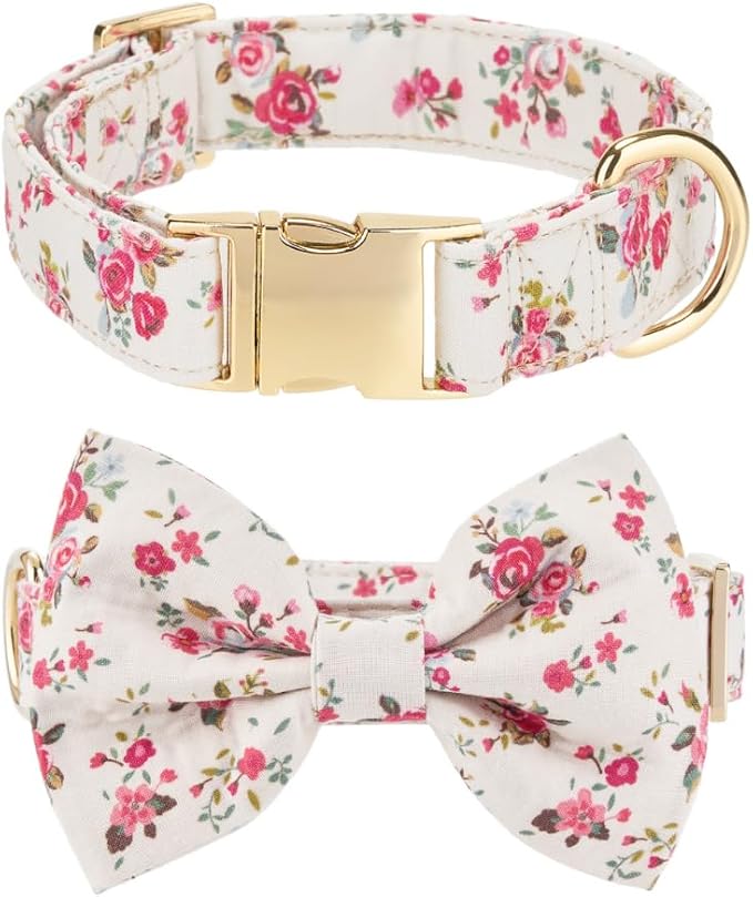 Adjustable Pet Bow Tie and Dog Collar for Small Medium Large Dogs, Puppy Collar with Bowtie, Cute Bow and Dog Collars - Comfortable, Soft, and Durable (Medium, Rose Print)