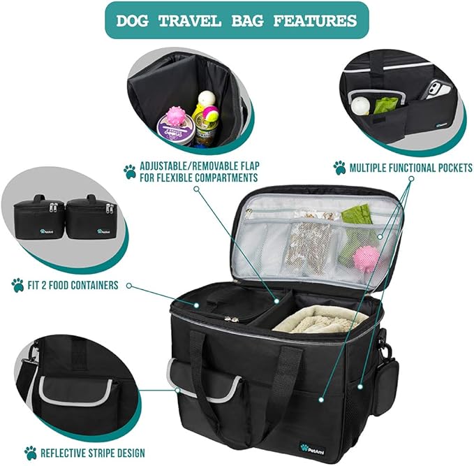 PetAmi Dog Travel Bag, Travel Pet Bag Organizer, Dog Food Travel Bag with Food Container and Bowls, Dog Travel Supplies Gift Accessories for Weekend Camping, Dog Cat Diaper Bag (Black, Medium)