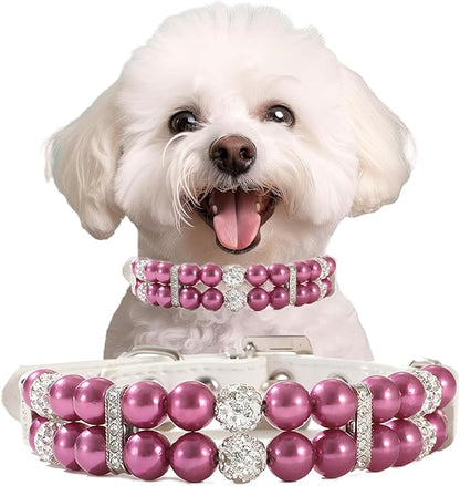 Purple Pearl Dog Collar, Pearl Cat Collar PU Leather Female Dogs Necklace with Crystal Diamond Rhinestone Jewlled for Small Medium Dogs Wedding & Birthday Gift, M