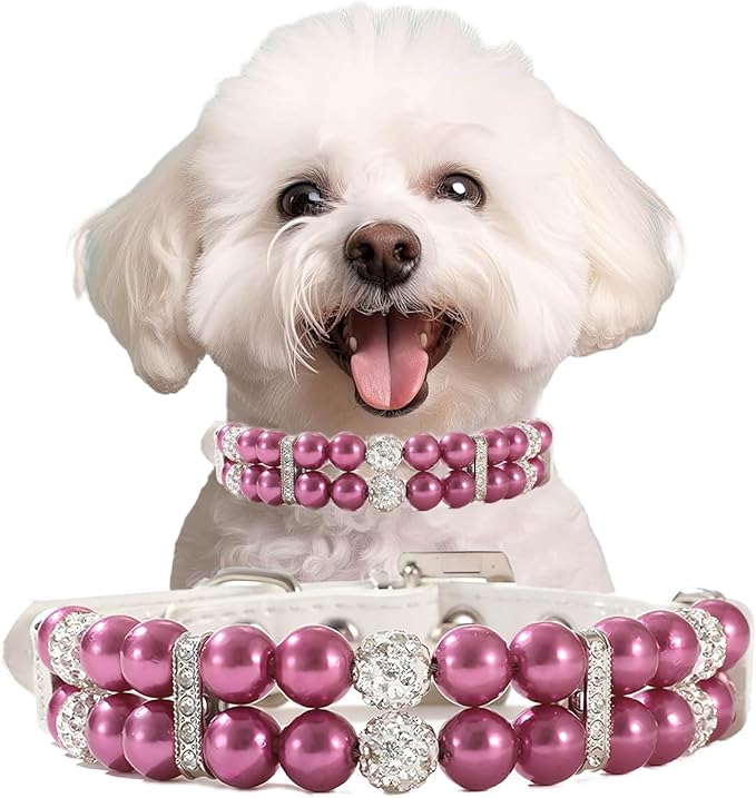 Beaded Dog Collar, Purple Pearl Cat Collar Cute PU Leather Girls Dog Necklace with Crystal Diamond Rhinestone Jewlled for Small Medium Dogs Wedding & Birthday Gift, L