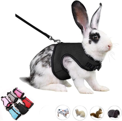 Bunny Harness Escape Proof,Rabbit Leash Set Vest Mesh Walking Training for Small Animal Pets Rat Ferret Squirrel Chinchillas Guinea Pig Bunnies, Black XL