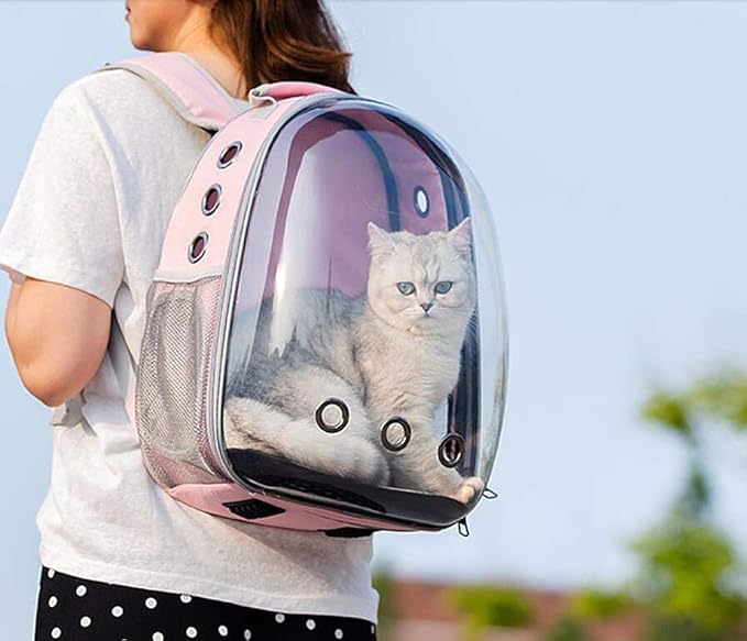 Magik Astronaut Pet Cat Dog Kitten Puppy Carrier Backpack Travel Full-View Breathable Bag Case Capsule for Small Dog and Cats, Transparent Waterproof Hiking Camping, Airline Approved (Pink)