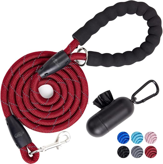 Gorilla Grip Dog Leash, Heavy Duty Reflective Rope Leashes for Large, Medium, Small Breed Dogs, Puppy Training Essential for Walks, Hikes, Soft Handle, Rotating Metal Clip, Waste Bag Dispenser, Red