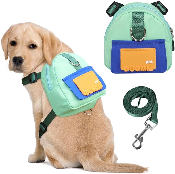 Dog Backpack Harness with Leash,Cute Pet Puppy Backpacks Bulid-in Dog Poop Bag Dispenser,Adjustable Pets Self Carrier Bag for Small Medium Dogs Travel Hiking Daily Walking(S, Green)