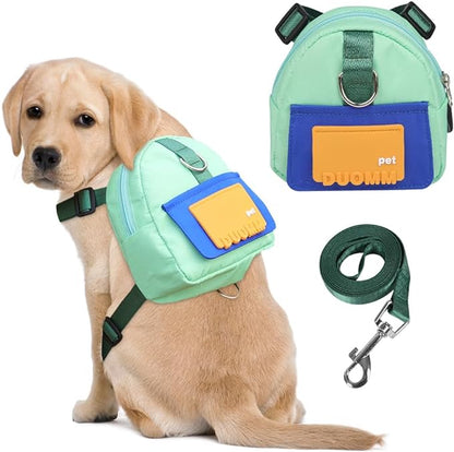 Dog Backpack Harness with Leash,Cute Pet Puppy Backpacks Bulid-in Dog Poop Bag Dispenser,Adjustable Pets Self Carrier Bag for Small Medium Dogs Travel Hiking Daily Walking(S, Green)