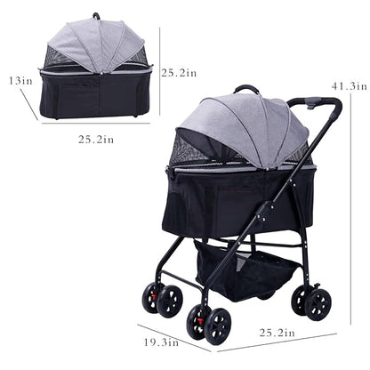 Dog Cat Pet Gear Stroller 3-in-1 Folding Lightweight for Small Medium Dog Cat with Detachable Carrier 4 Wheels