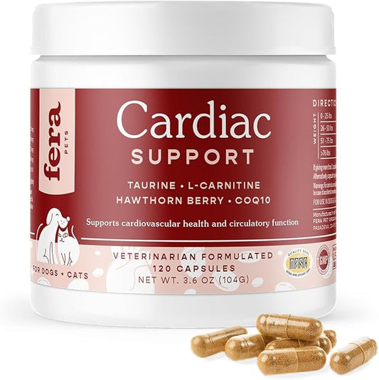 Fera Pets Cardiac Supplement for Dogs & Cats – 120 Capsules - Vet Created -Cardiovascular Function & Strength-Taurine, CoQ10, Organic Hawthorne Berry