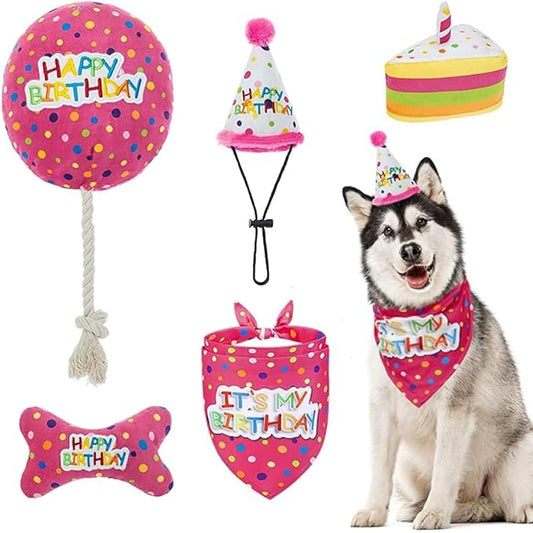 BINGPET Dog Birthday Bandana Set with Cake,Dog Birthday Cake and Balloon,Dog Birthday Party Supplies for Boys and Girls,Puppy Chew Toys Gift for Large and Extra Large Dogs Pets - Pink