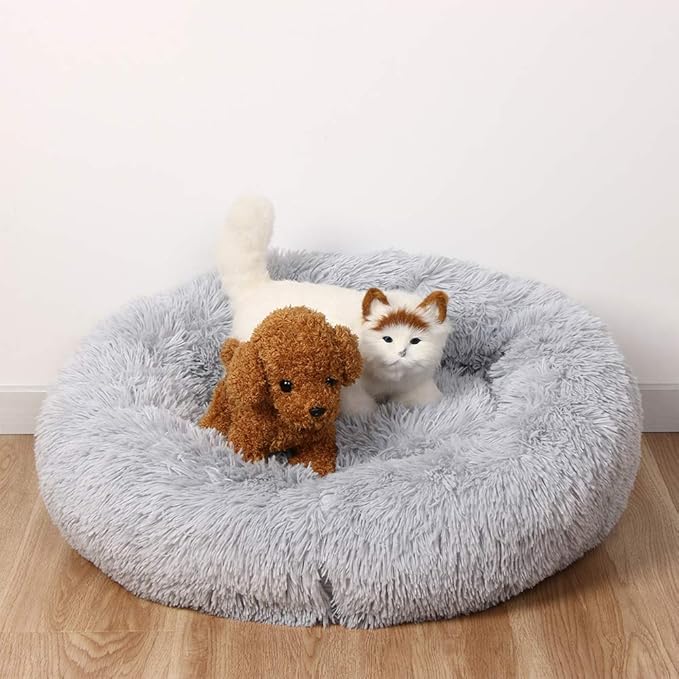 otoez Kitten Puppy Bed Small Round Dog Cat Beds Anti Anxiety Plush Pet Calming Donut Bed with Non-Slip Waterproof Bottom (19.7", Light