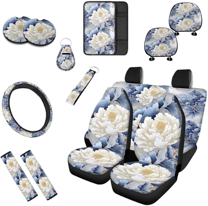 Watercolor Peony Car Seat Covers Full Set White