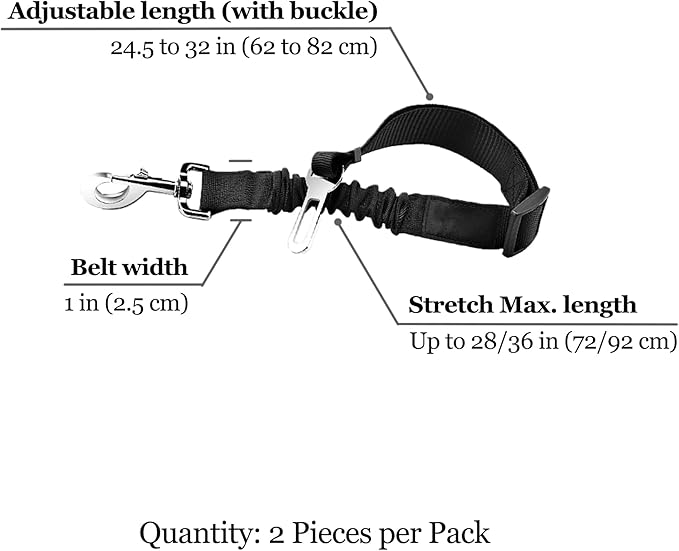 SunGrow Elastic Nylon Ferret Seat Belt, 24” - 36”, Adjustable Black Harness, Elastic Tether with Metal Buckles, 2 Pcs per Pack