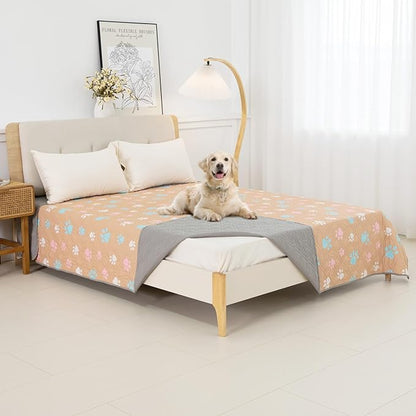 Dog Bed Cover for Pets Blankets Rug Pads for Couch Protection Waterproof Bed Covers Dog Blanket Furniture Protector Reusable Changing Pad (Yellow+Colorful Paw, 62"x82")