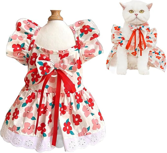 ANIAC Floral Dog Dress with D-Ring Dog Dresses for Small Dogs Girl Bow Cat Dress for Cat only Dog Outfit Summer Puppy Clothes for Chihuahua Yorkie Dachshund Pomeranian (2XL