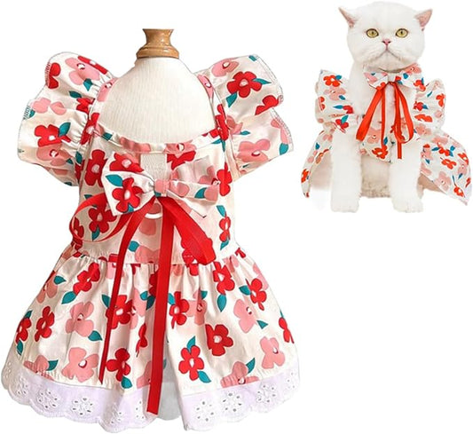 ANIAC Floral Dog Dress with D-Ring Dog Dresses for Small Dogs Girl Bow Cat Dress for Cat only Dog Outfit Summer Puppy Clothes for Chihuahua Yorkie Dachshund Pomeranian (X-Large